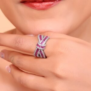 Elegant White Ribbon Ring with Rubies and Diamonds