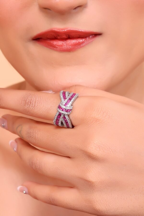 Elegant White Ribbon Ring with Rubies and Diamonds