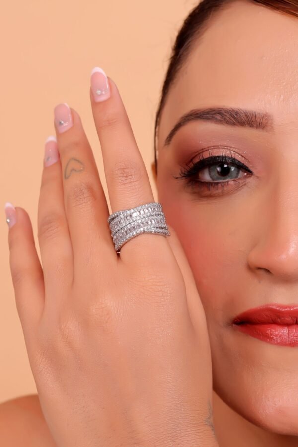 Elegant Multi-Layered Silver Ring with Sparkling Gemstones - Image 5