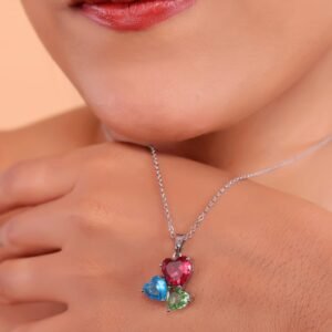 Exquisite Elegant Three-Heart Multicolor Gemstone Pendant Necklace with Radiant Precious Stones and a Timeless, Stylish Design for Sophisticated Jewelry Lovers