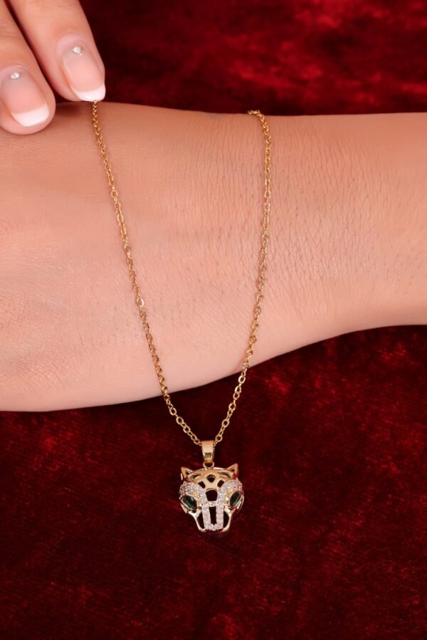Luxury Panther Head Pendant Necklace – Gold with Sparkling Stones & Emerald Eyes - Image 3