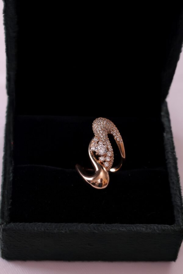 Exquisite Rose Gold Statement Ring with Sparkling Diamond Accents and Elegant Curved Design - Image 2