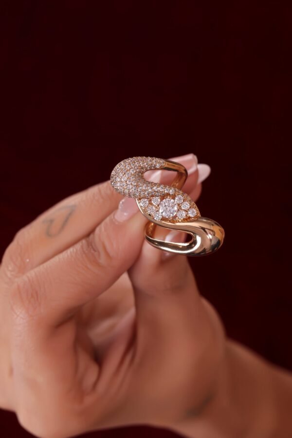 Exquisite Rose Gold Statement Ring with Sparkling Diamond Accents and Elegant Curved Design - Image 3